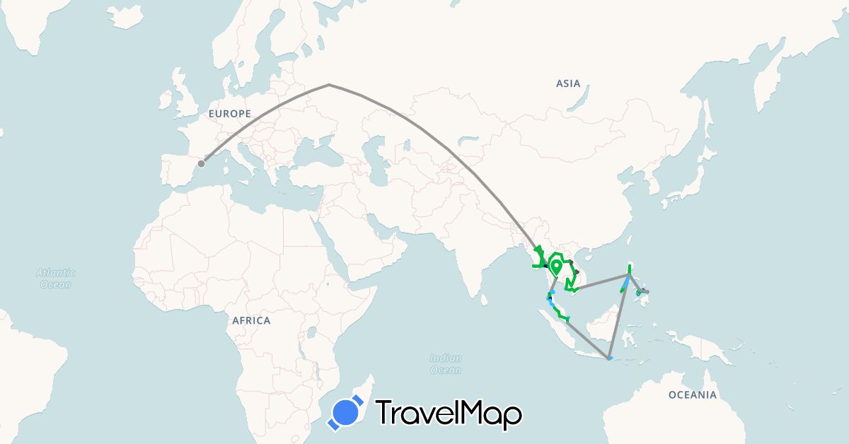 TravelMap itinerary: driving, bus, plane, hiking, boat, motorbike in Spain, Indonesia, Cambodia, Laos, Myanmar (Burma), Malaysia, Philippines, Russia, Singapore, Thailand, Vietnam (Asia, Europe)